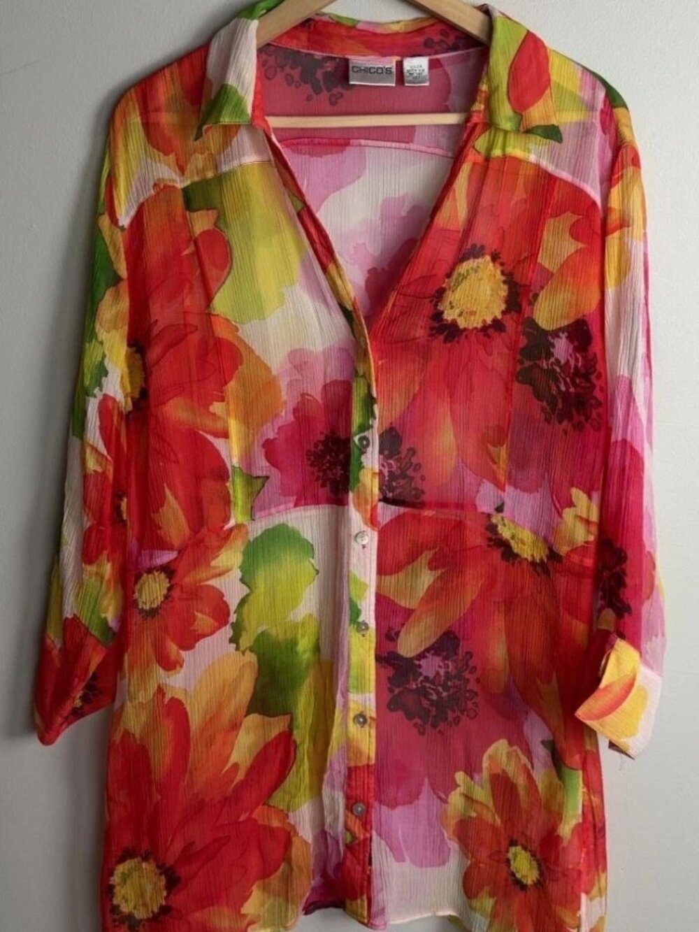 Chico's Floral Button Down Blouse 100% Silk Sheer Tunic Size 3 Women’s